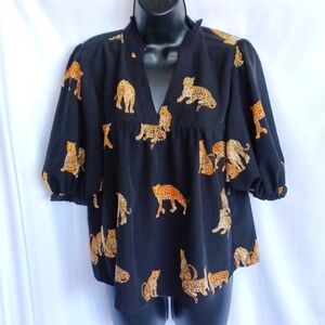 THML Black Leopard Print Blouse, Puff Sleeve, 19" PTP, 23" L